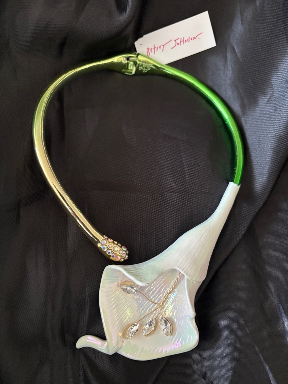 Betsey Johnson Iridescent White Calla Lily Necklace with Gold and Green Collar